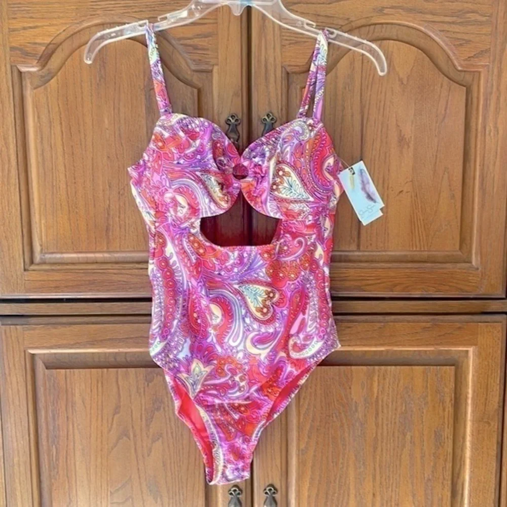 Brand New Jessica Simpson Paisley Flower Child O-Ring Cutout One-Piece Swimsuit